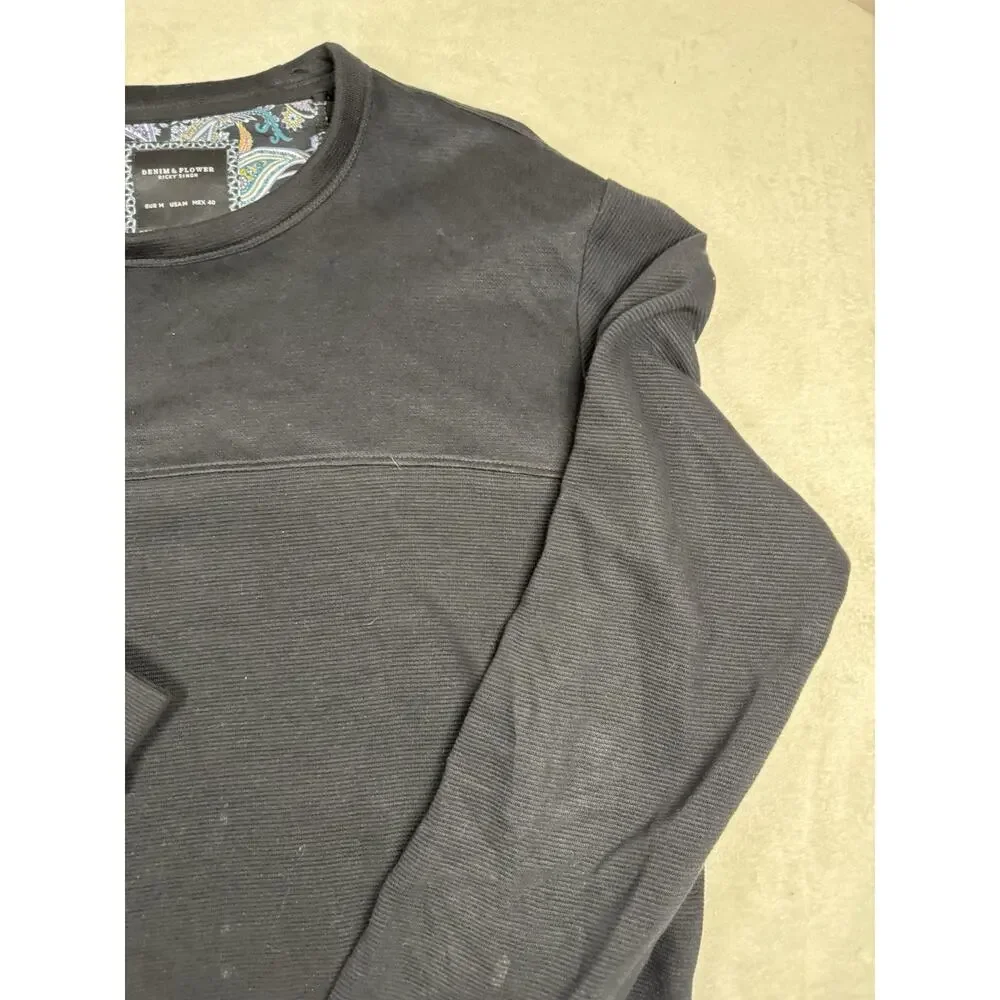 Denim & Flower Ricky Singh Mens M Black Textured Long Sleeve Crewneck